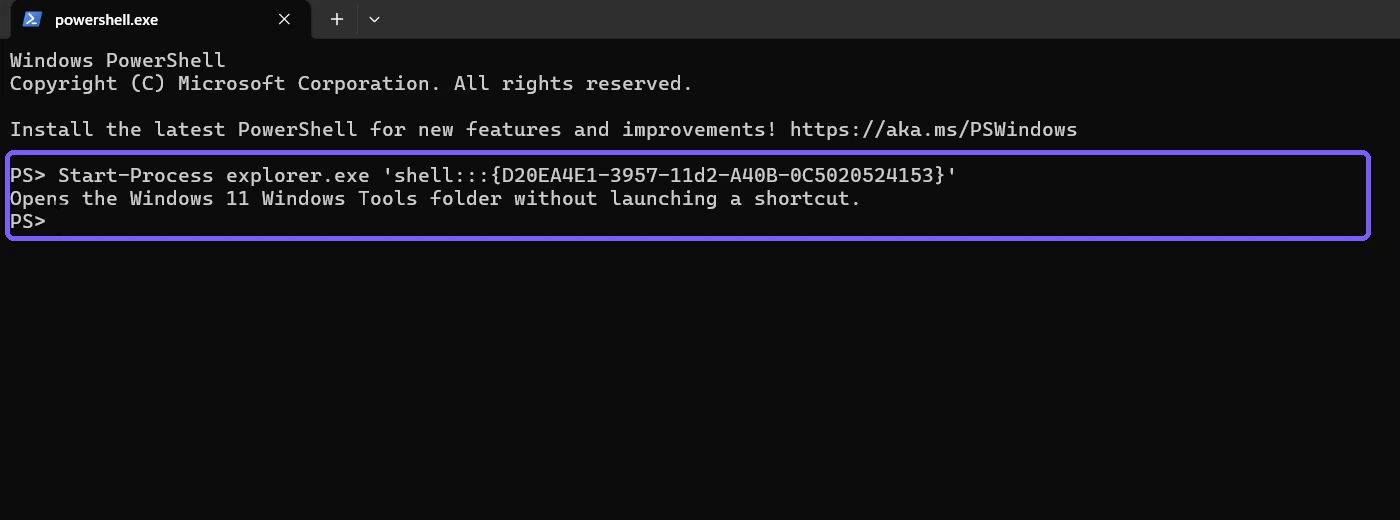 PowerShell showing the direct Windows Tools virtual-folder command