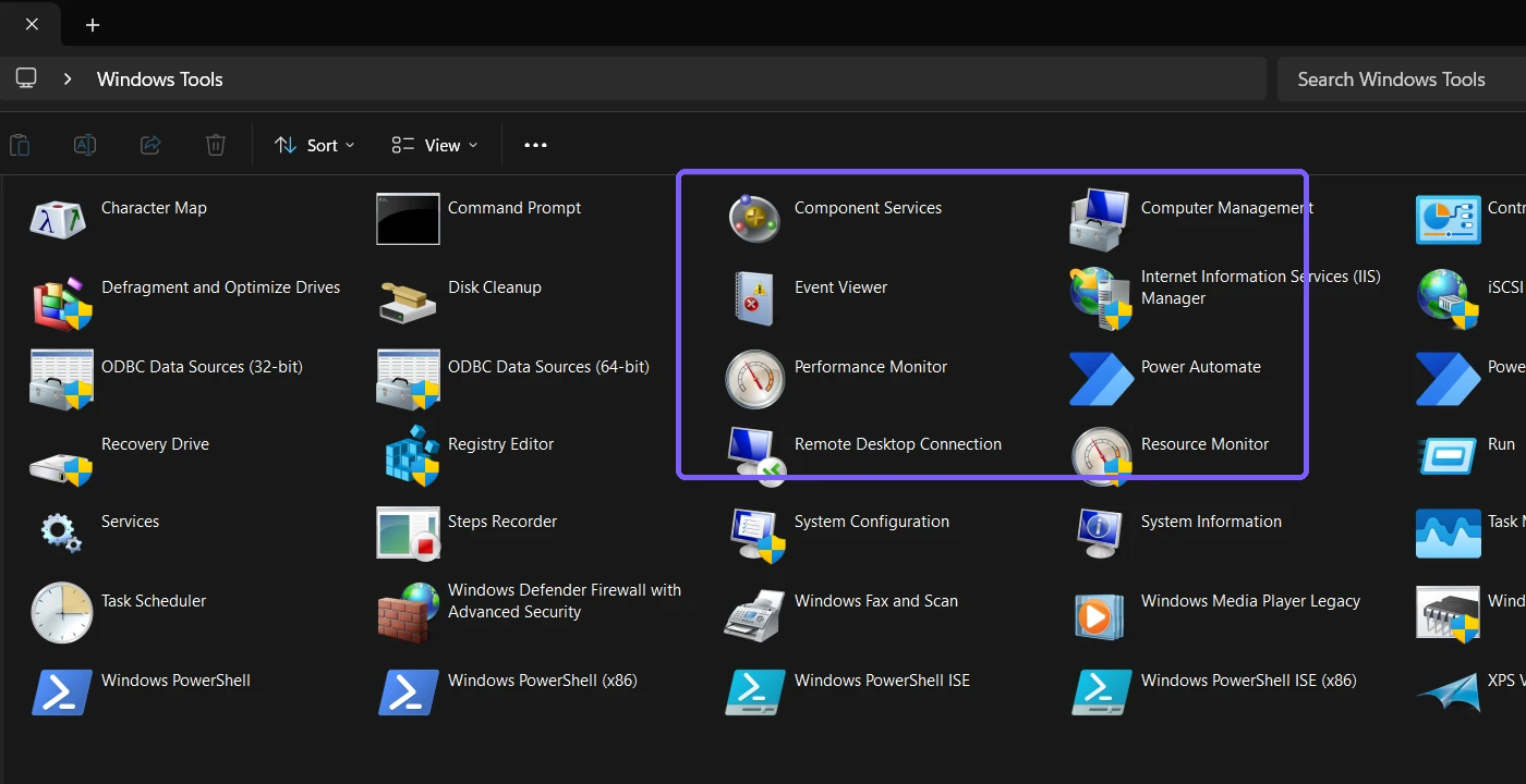 Windows 11 Windows Tools virtual folder with built-in management utilities