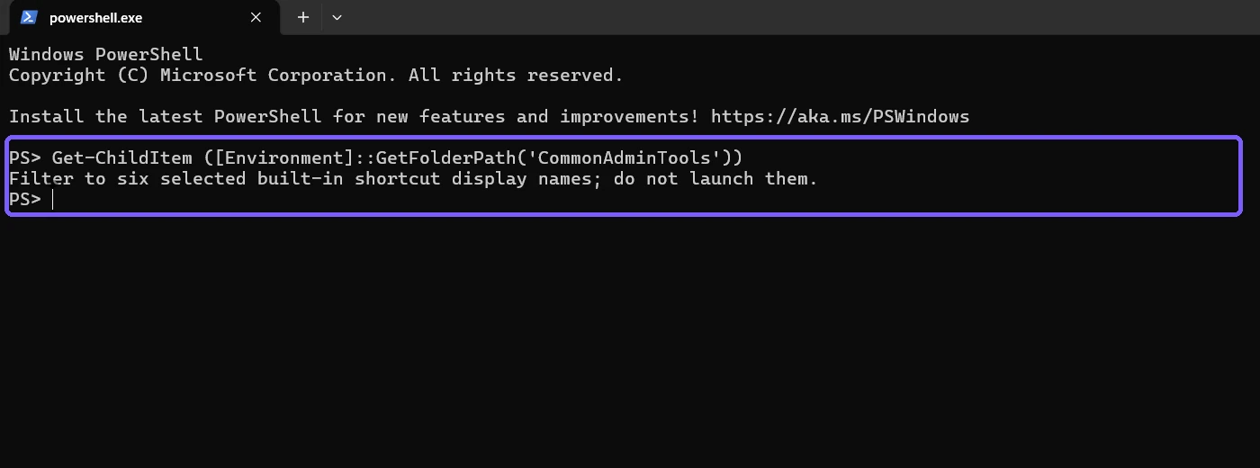 PowerShell showing a bounded Windows Tools shortcut inventory command