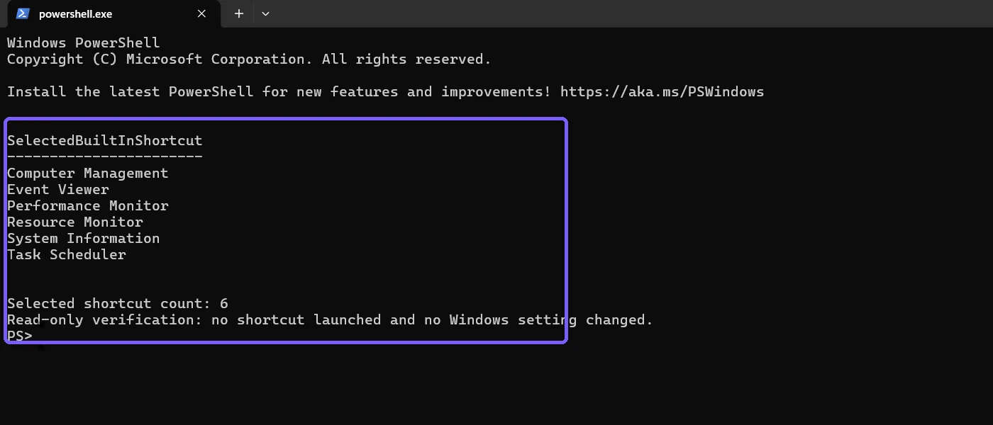 PowerShell listing six selected built-in Windows Tools shortcuts