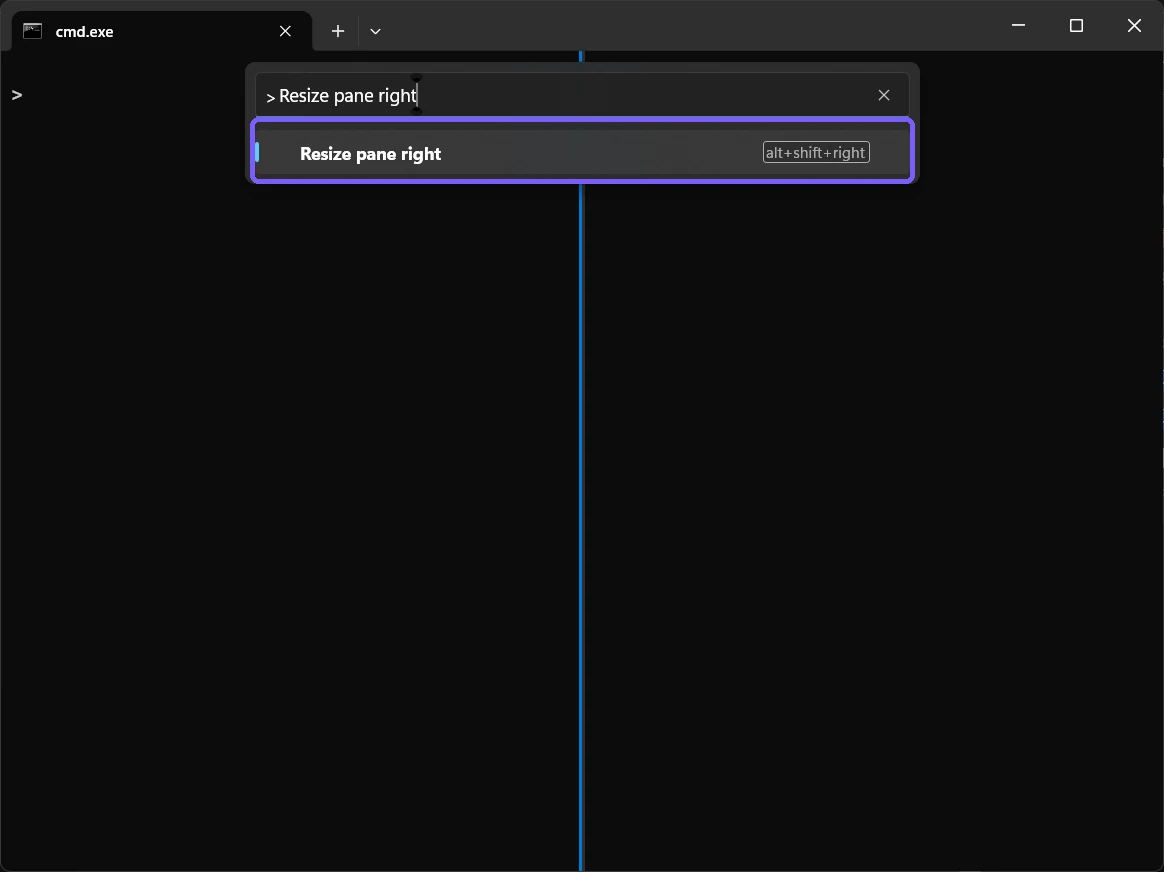 Windows Terminal Command Palette with Resize pane right and Alt Shift Right outlined in purple