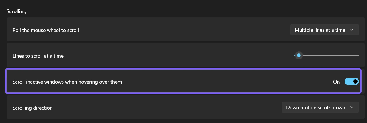 Scroll inactive windows when hovering over them switched on in Windows 11