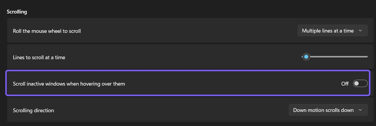 Scroll inactive windows when hovering over them switched off in Windows 11