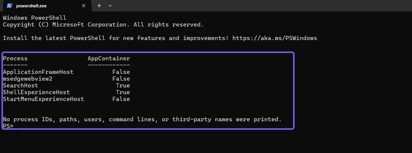 PowerShell table showing AppContainer state for five built-in Windows processes