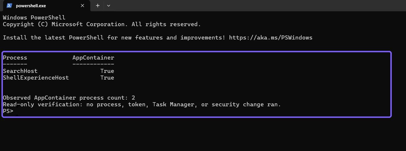 PowerShell table showing SearchHost and ShellExperienceHost as AppContainer processes