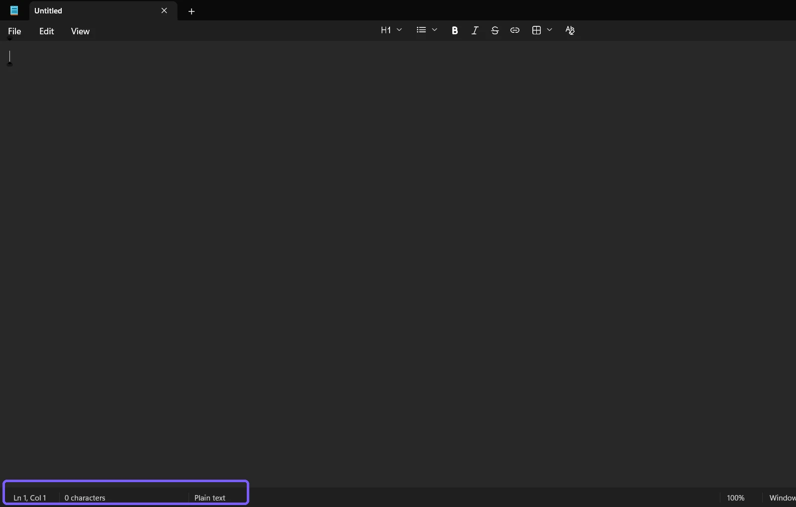 Blank Windows 11 Notepad window showing zero characters