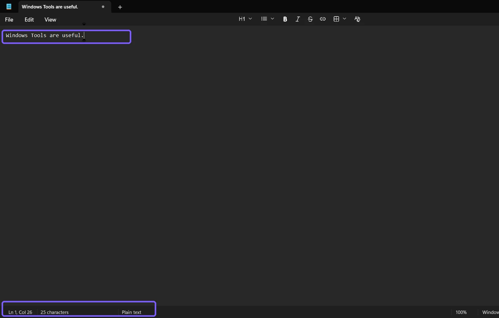 Notepad showing a controlled sentence and a total of 25 characters