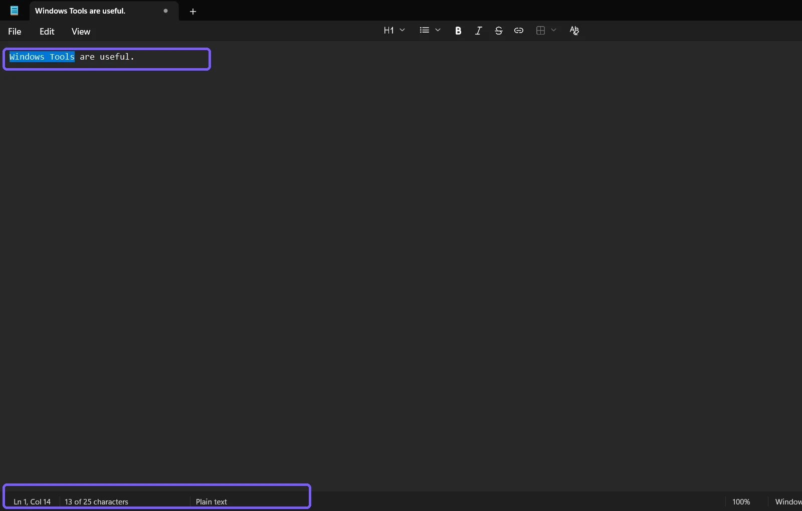Notepad showing Windows Tools selected and 13 of 25 characters