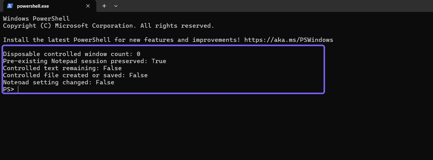PowerShell verifying Notepad controlled-text rollback and session preservation