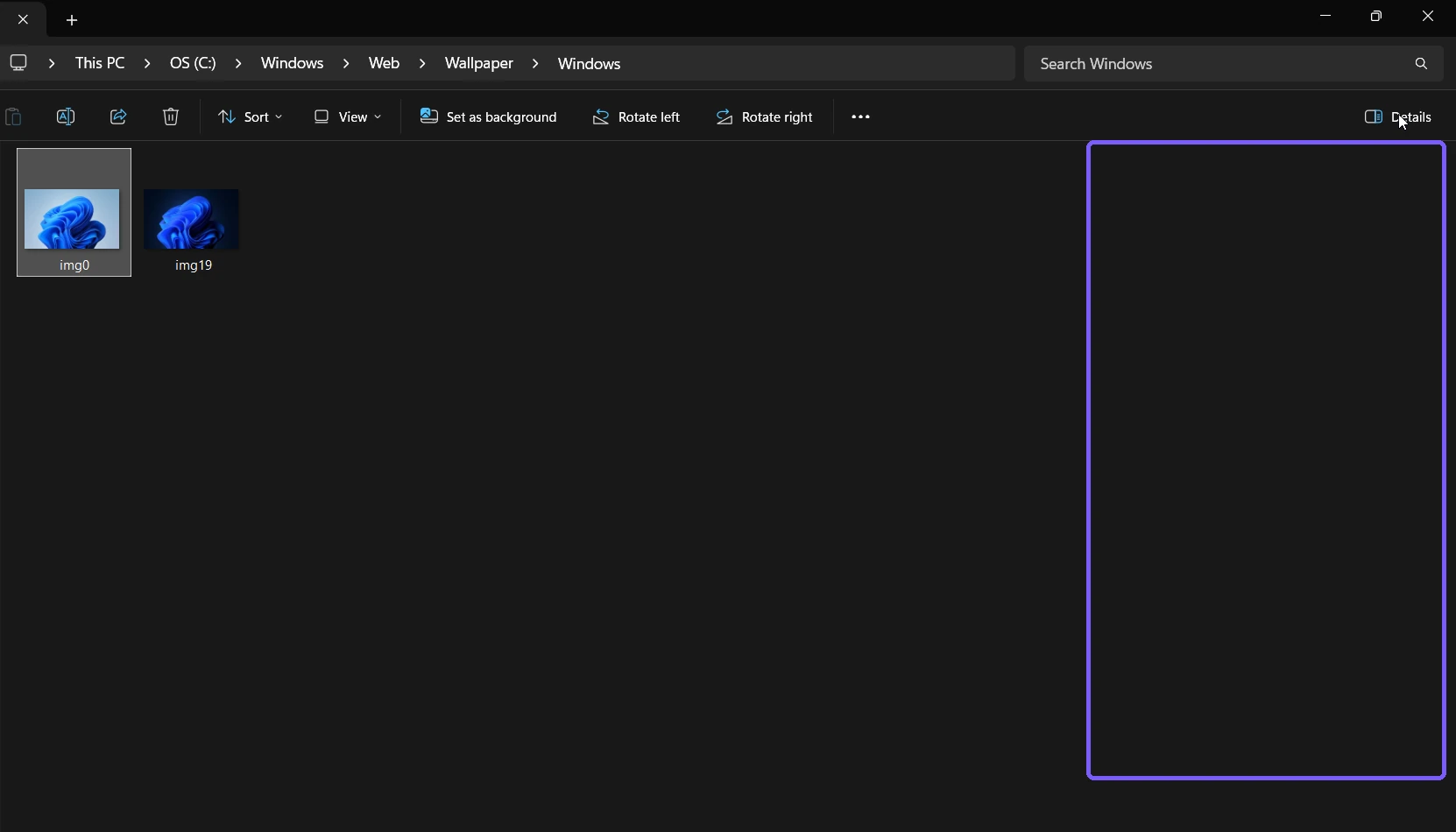 File Explorer with a Windows wallpaper selected and the Details pane hidden