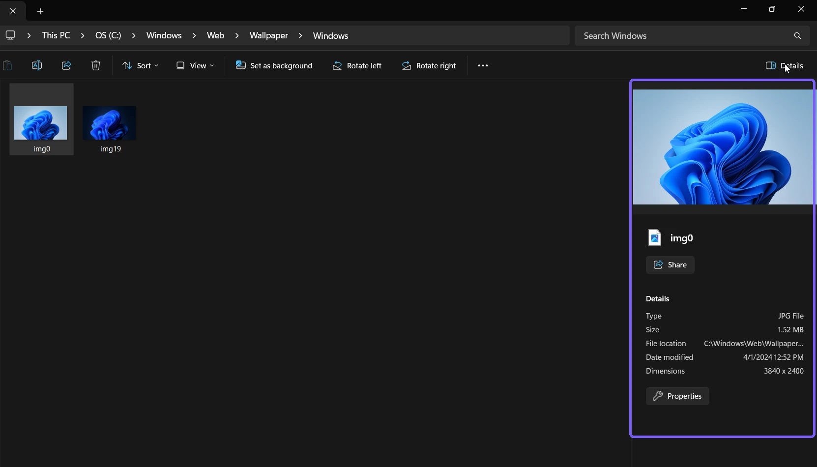 Windows 11 File Explorer Details pane showing information for the public img0 wallpaper