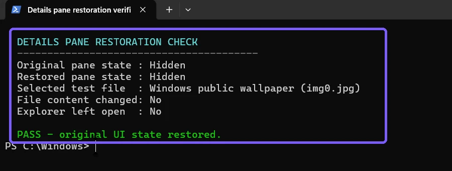 PowerShell restoration check confirming the original Details pane state and unchanged test file