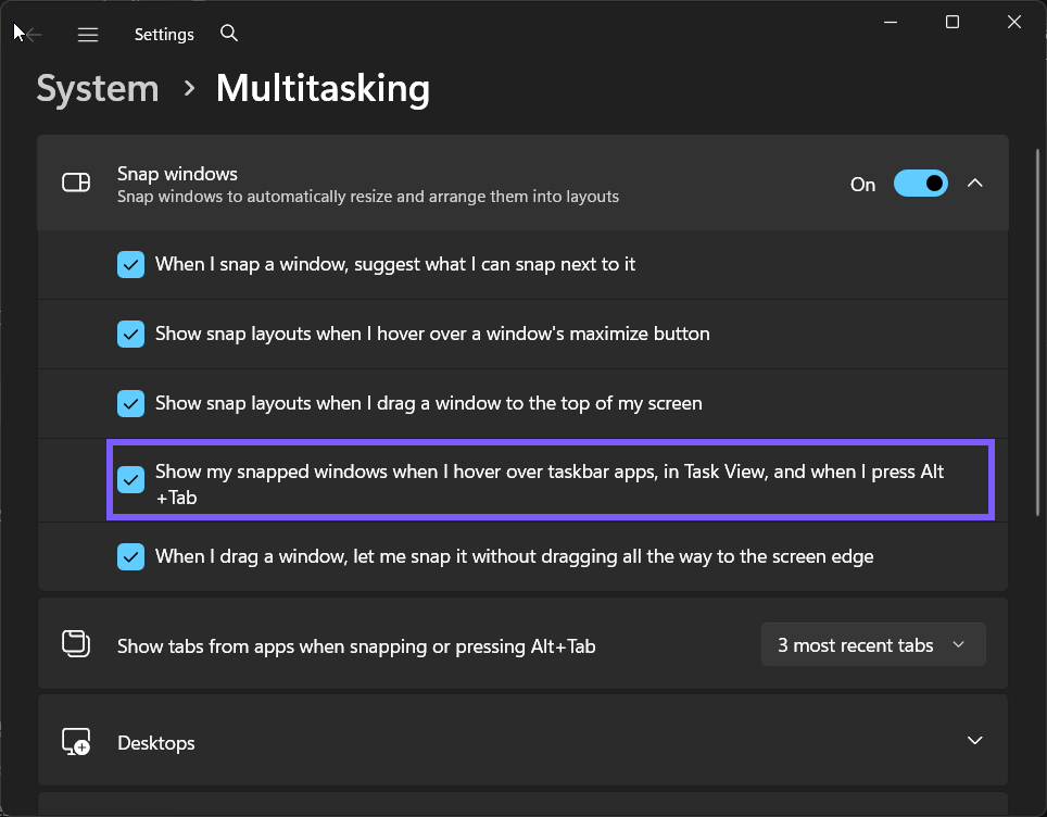 Snap groups in Windows switchers set to On in Windows 11
