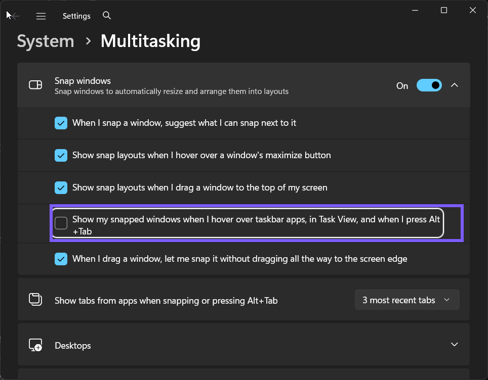 Snap groups in Windows switchers changed to Off in Windows 11