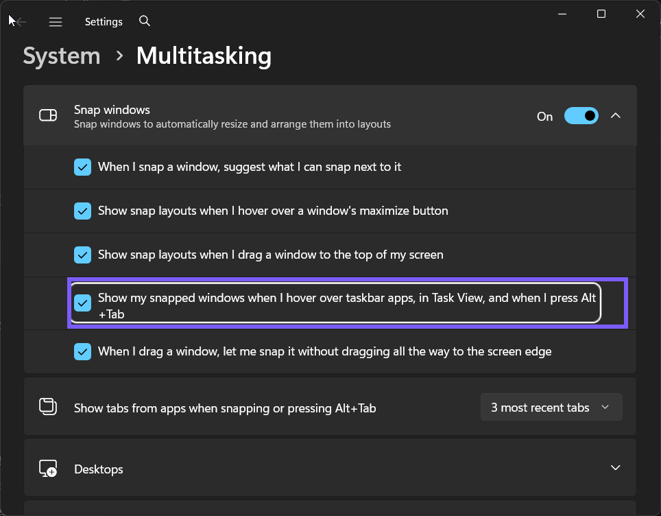 Snap groups in Windows switchers restored to On in Windows 11