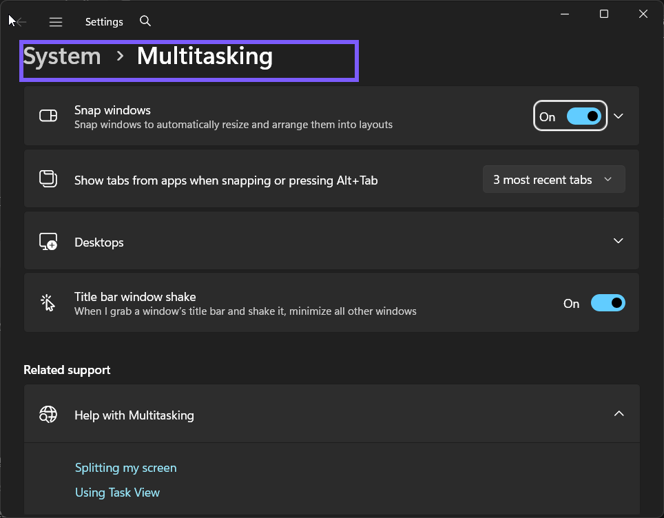 Windows 11 Multitasking page before expanding Snap windows