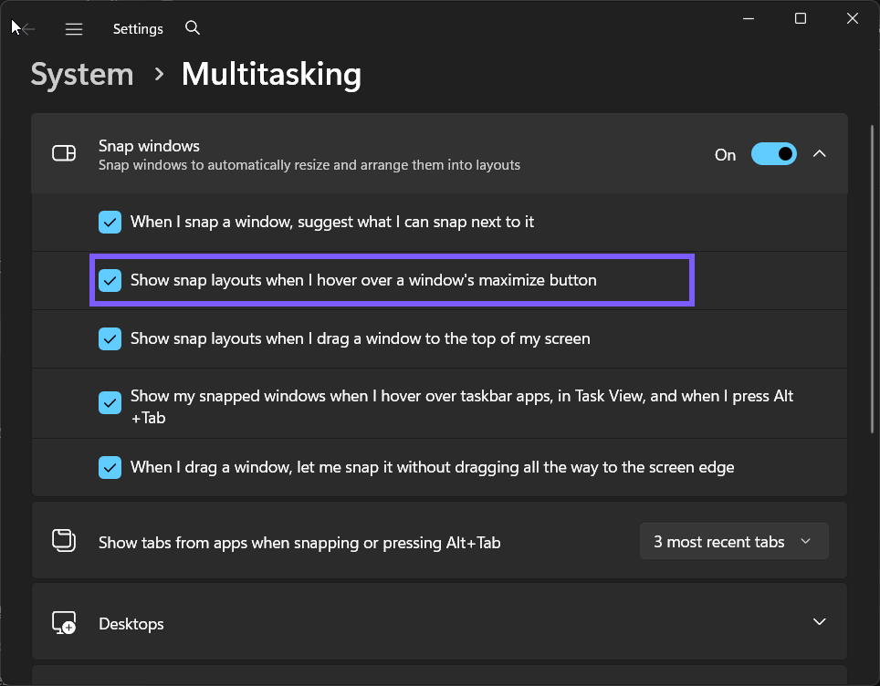 maximize-button Snap layouts set to On in Windows 11