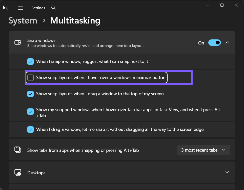 maximize-button Snap layouts changed to Off in Windows 11