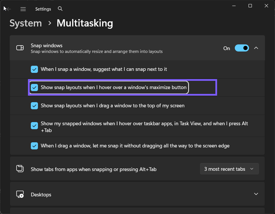 maximize-button Snap layouts restored to On in Windows 11