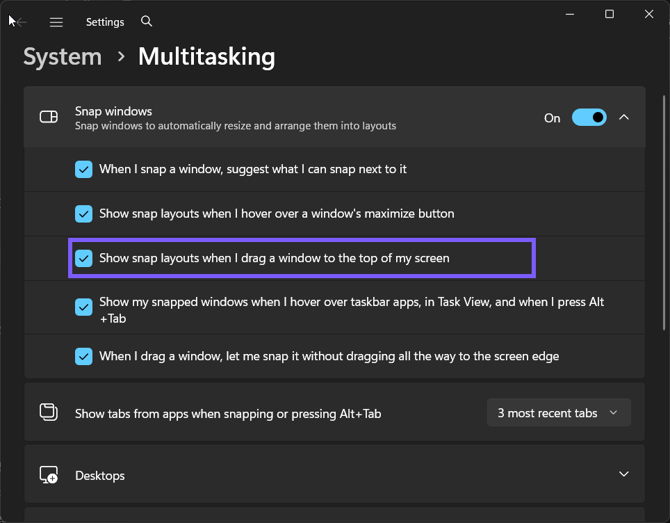 top-of-screen Snap layouts set to On in Windows 11
