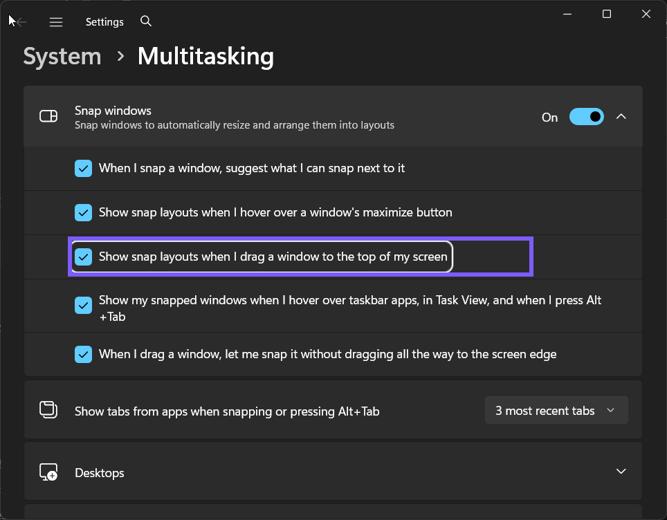 top-of-screen Snap layouts restored to On in Windows 11