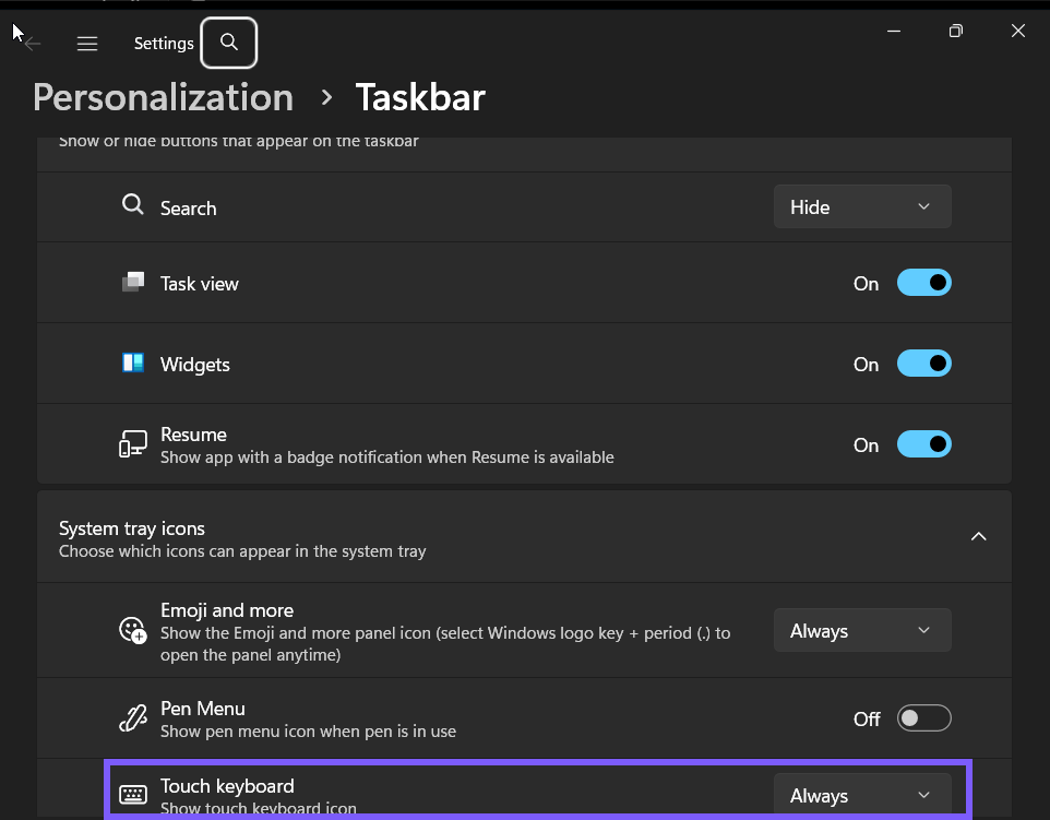 Touch keyboard set to Always in Windows 11