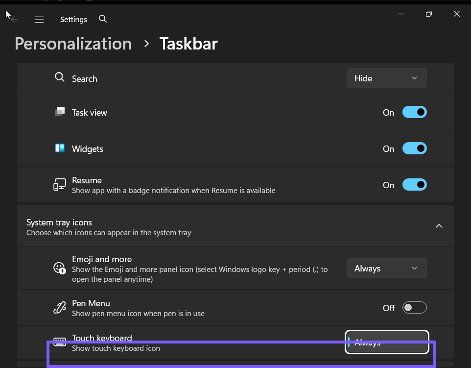 Touch keyboard restored to Always in Windows 11