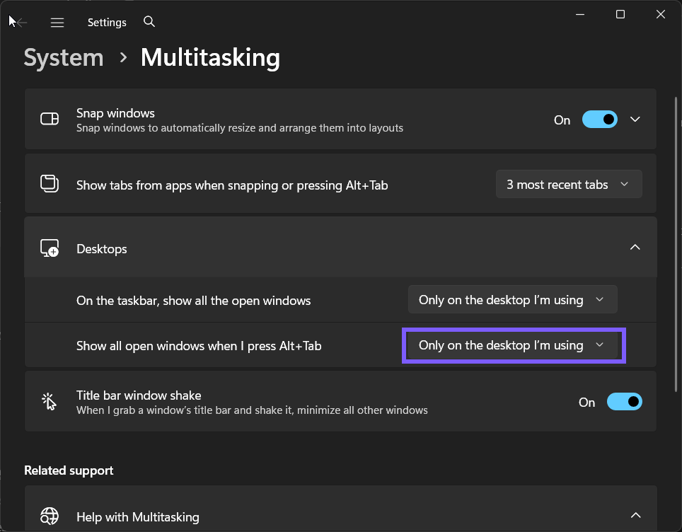 Alt+Tab windows across virtual desktops set to Only on the desktop I’m using in Windows 11