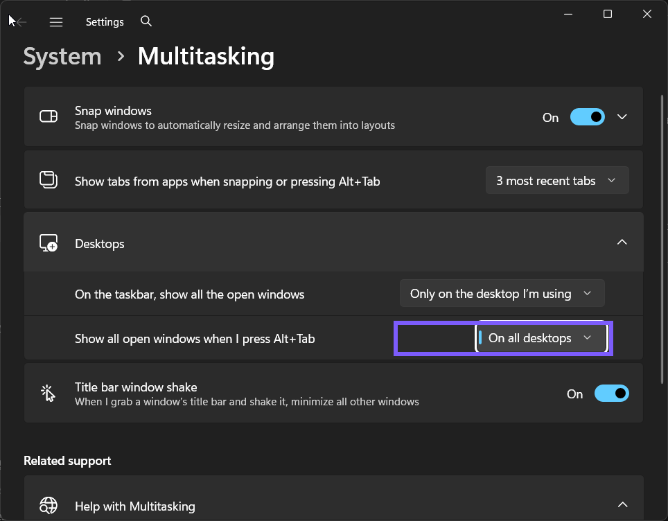 Alt+Tab windows across virtual desktops changed to On all desktops in Windows 11