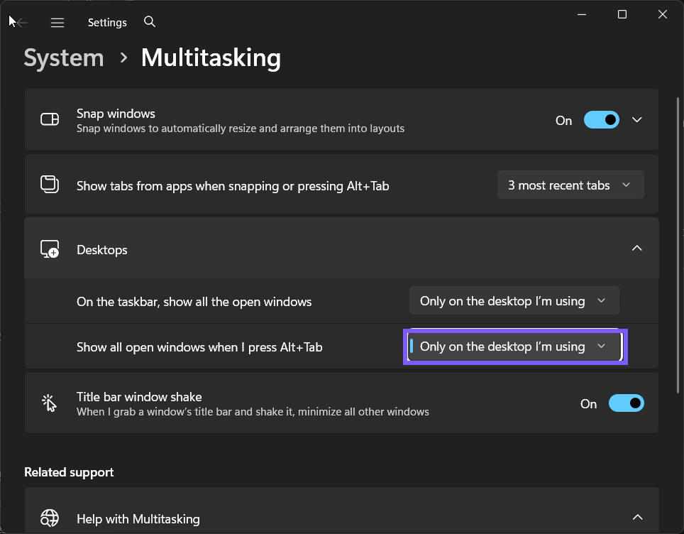 Alt+Tab windows across virtual desktops restored to Only on the desktop I’m using in Windows 11