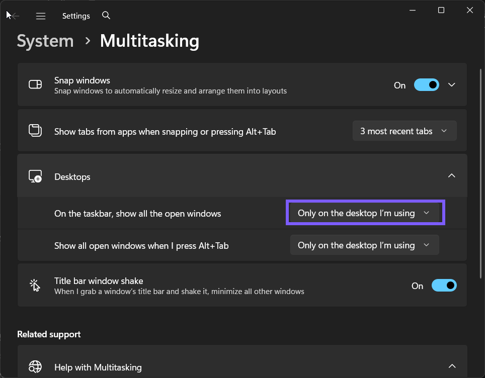 taskbar windows across virtual desktops set to Only on the desktop I’m using in Windows 11