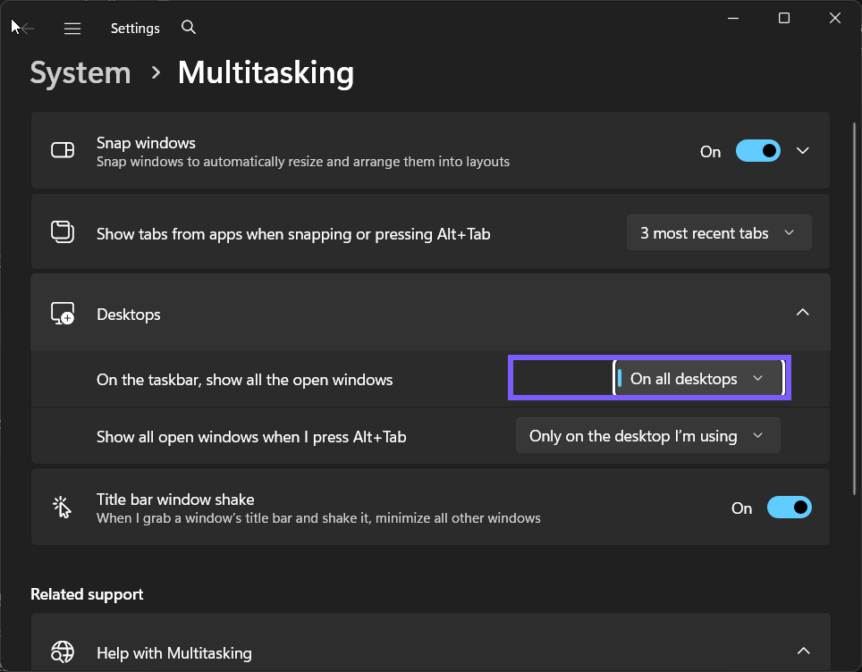taskbar windows across virtual desktops changed to On all desktops in Windows 11