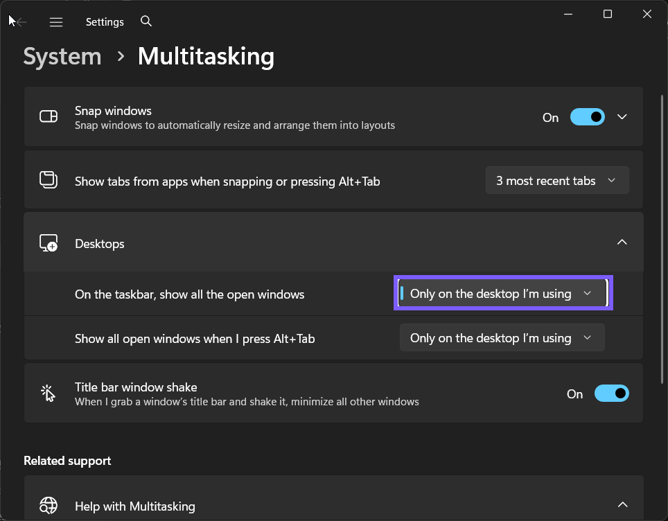 taskbar windows across virtual desktops restored to Only on the desktop I’m using in Windows 11