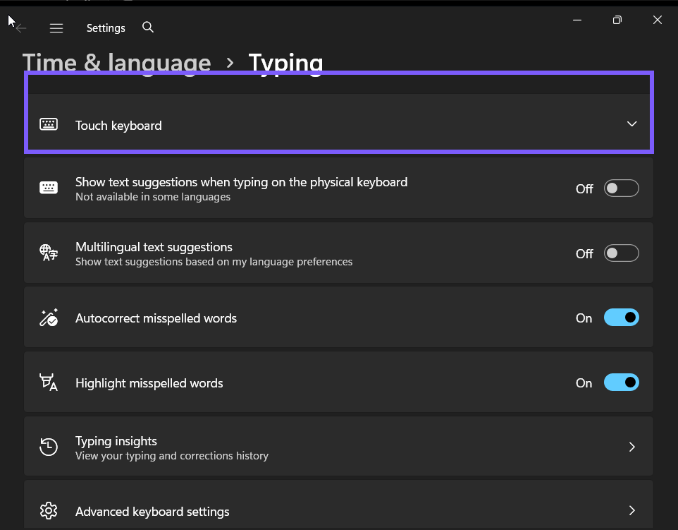 Windows 11 Settings location for Show the touch keyboard
