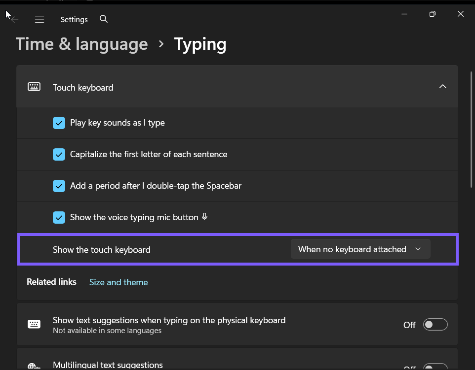 Show the touch keyboard set to When no keyboard attached in Windows 11