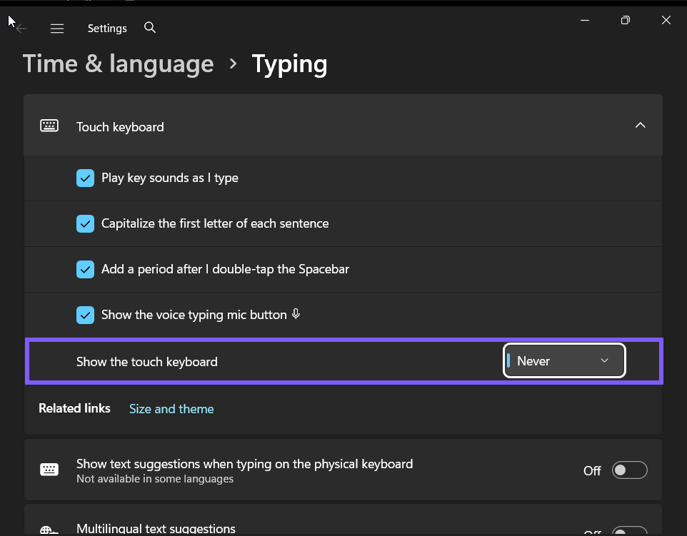 Show the touch keyboard set to Never in Windows 11