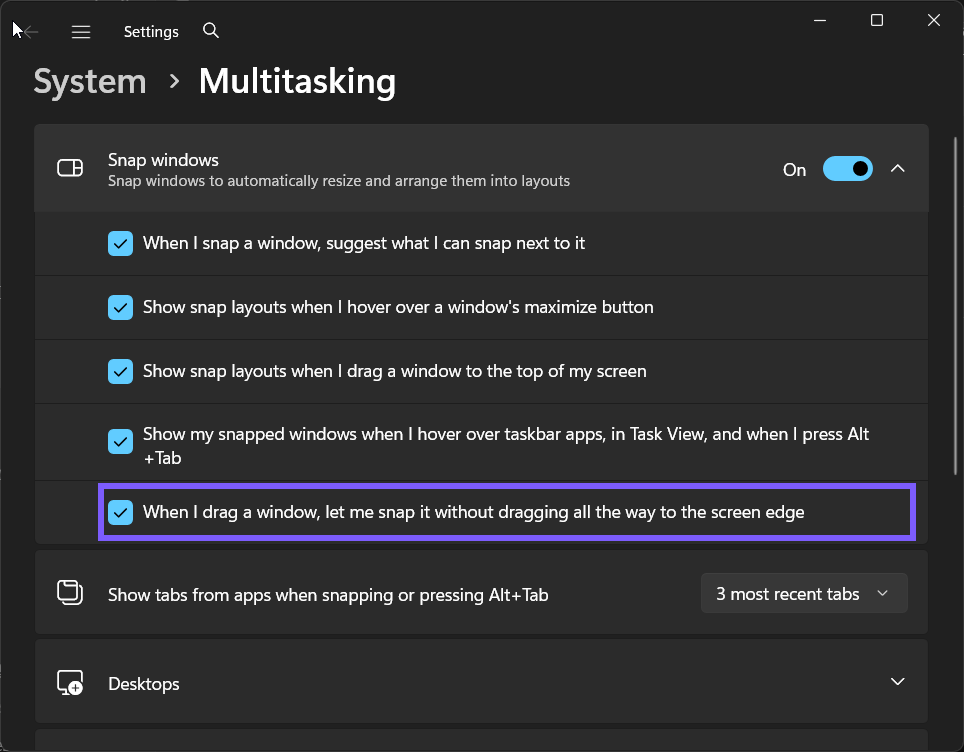 Snap windows without reaching the screen edge set to On in Windows 11