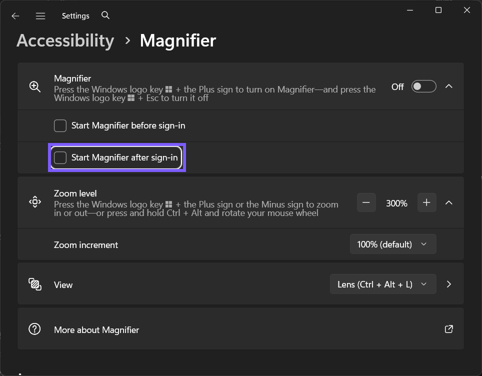 Start Magnifier after sign-in set to Off in Windows 11