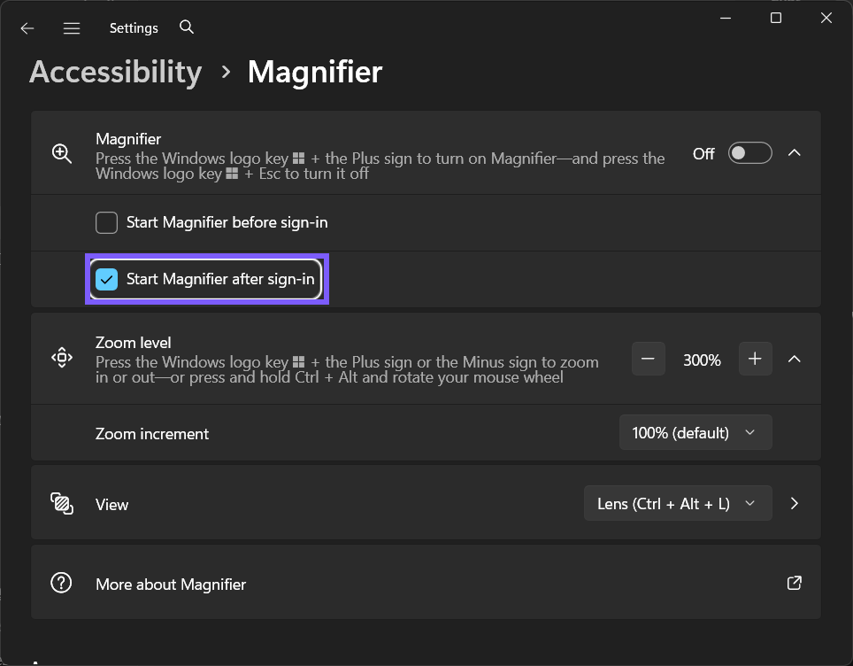 Start Magnifier after sign-in changed to On in Windows 11
