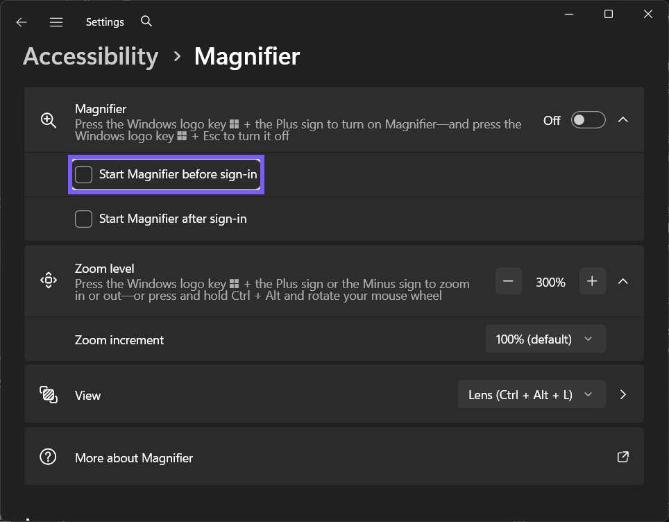 Start Magnifier before sign-in set to Off in Windows 11