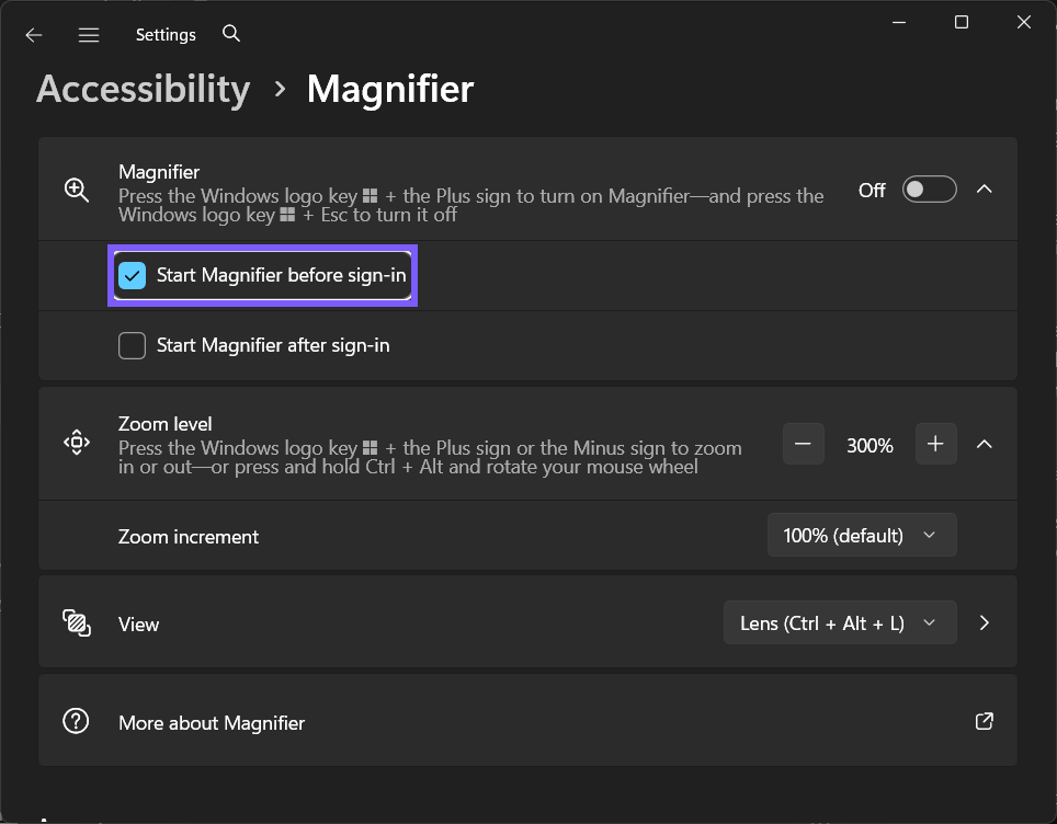 Start Magnifier before sign-in changed to On in Windows 11