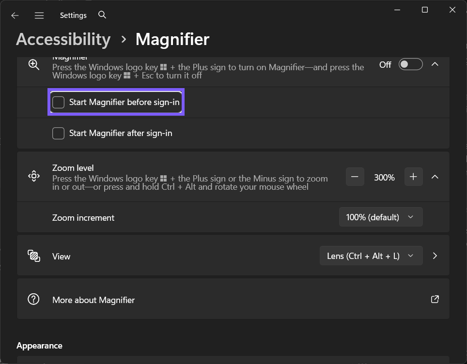 Start Magnifier before sign-in restored to Off in Windows 11