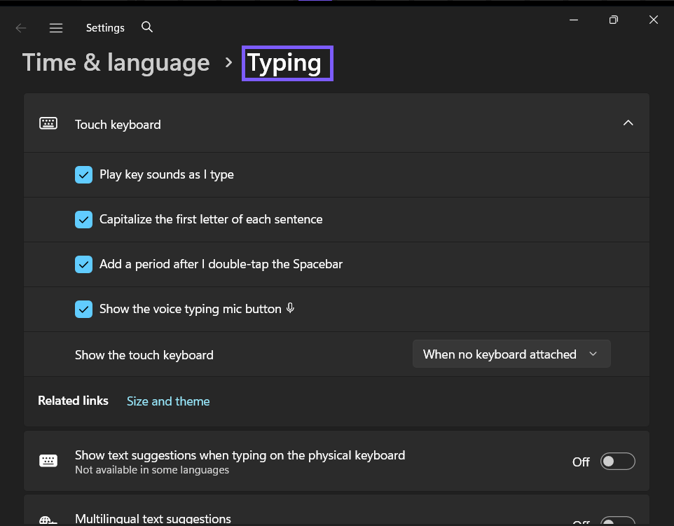 Windows 11 Time and language Typing settings page