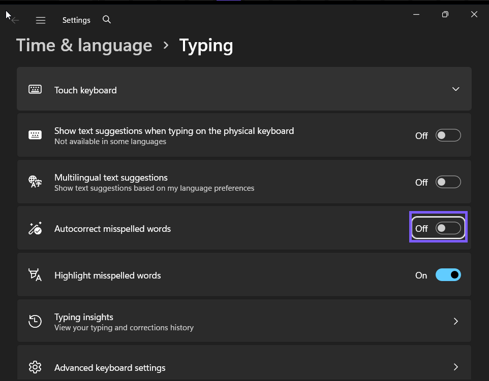 Autocorrect misspelled words turned off in Windows 11