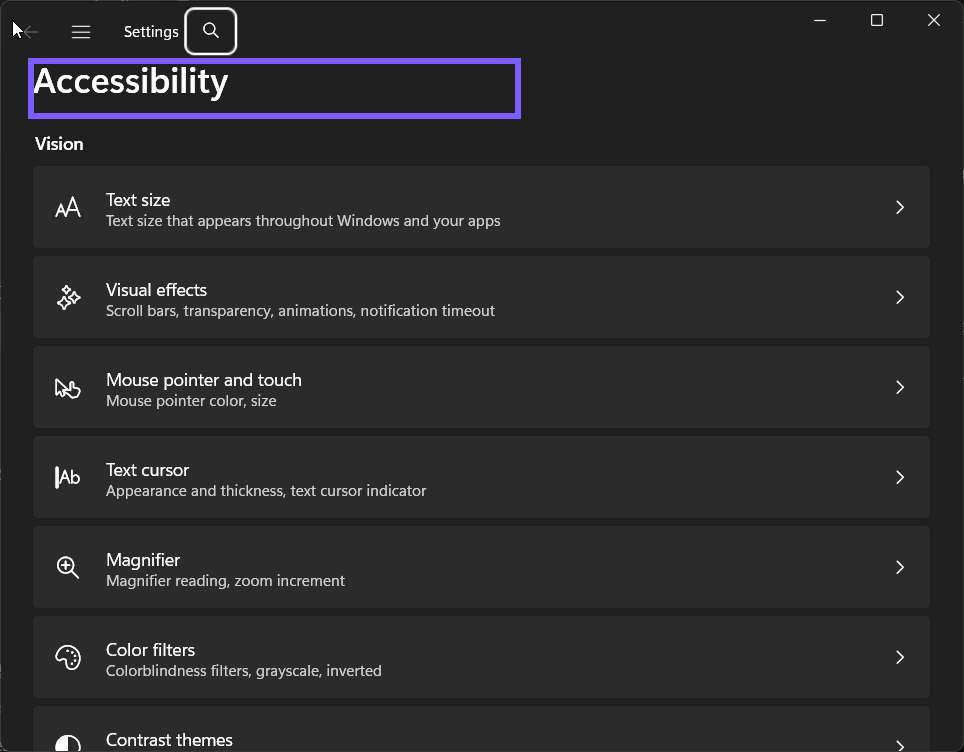 Windows 11 Accessibility settings before opening Keyboard
