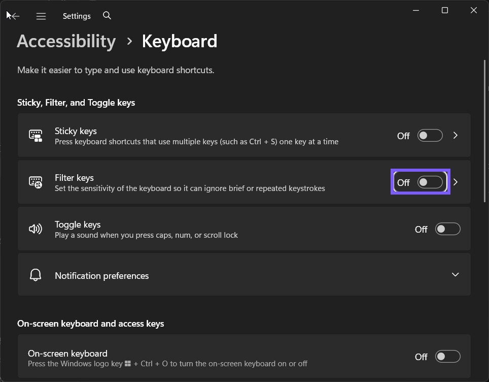 Filter Keys set to Off in Windows 11