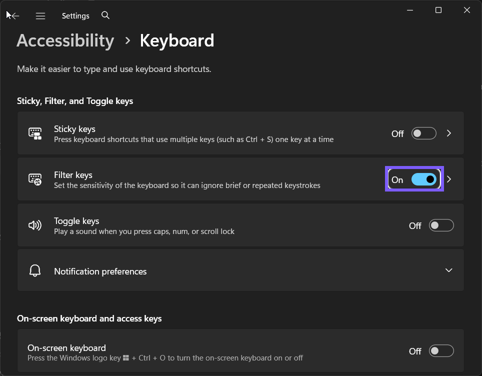 Filter Keys changed to On in Windows 11