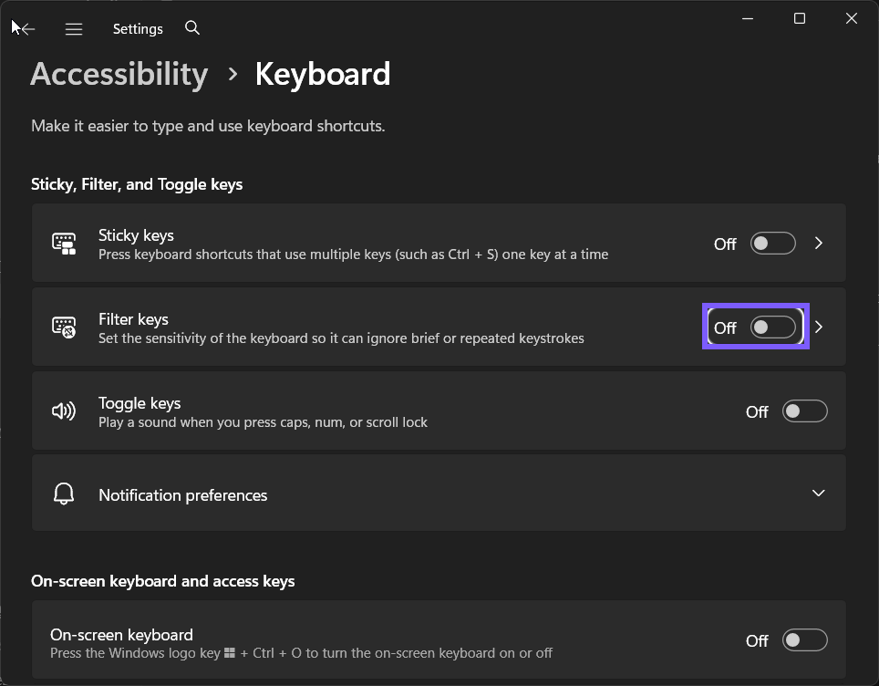 Filter Keys restored to Off in Windows 11