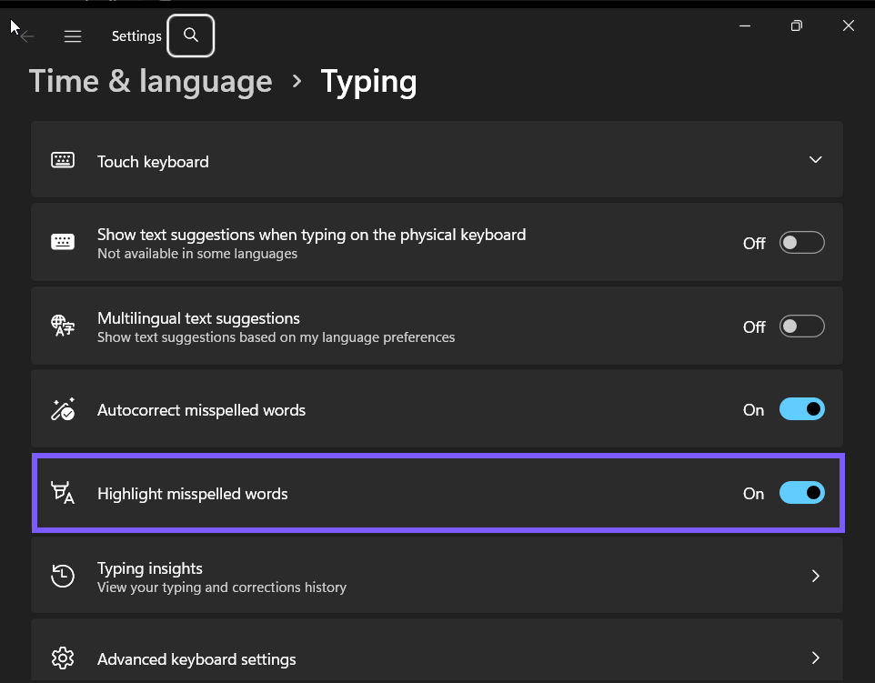 Highlight misspelled words set to On in Windows 11