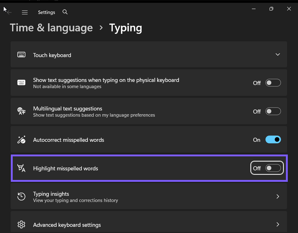 Highlight misspelled words set to Off in Windows 11